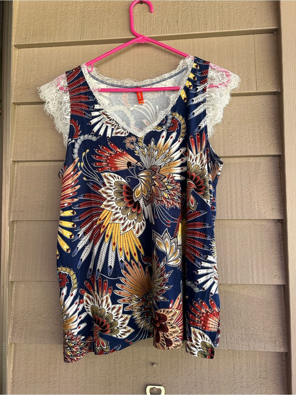 Feiersi Women's Navy Floral Lace-Trim Sleeveless wTop